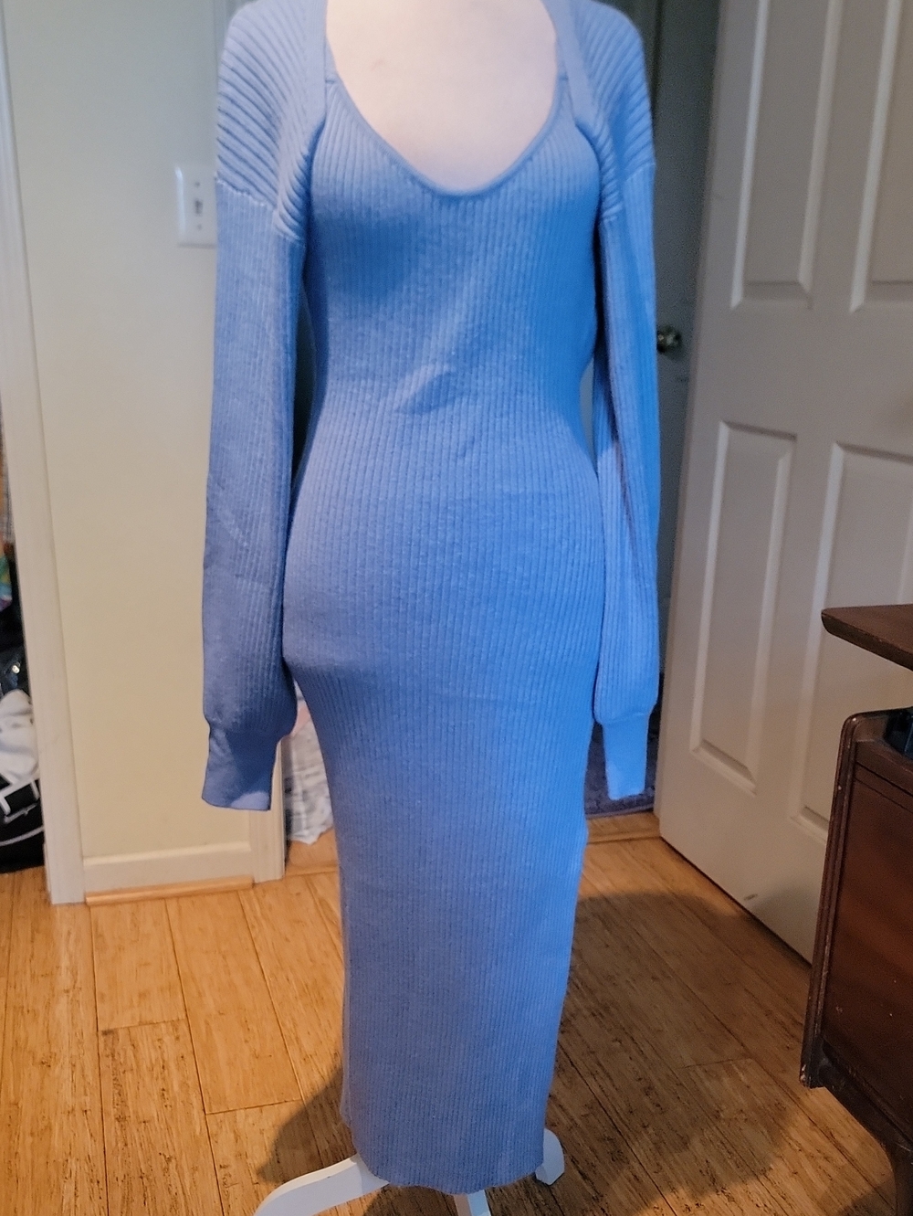 Light Blue Ribbed Knit Maxi Dress With Bolero
